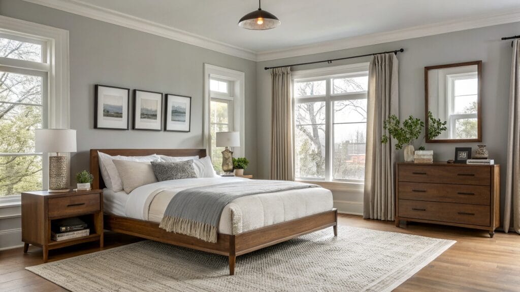Serene bedroom featuring light gray paneled walls, a wood bed frame with white bedding, blue accent pillows and curtains on large windows, flanked by wooden nightstands with lamps