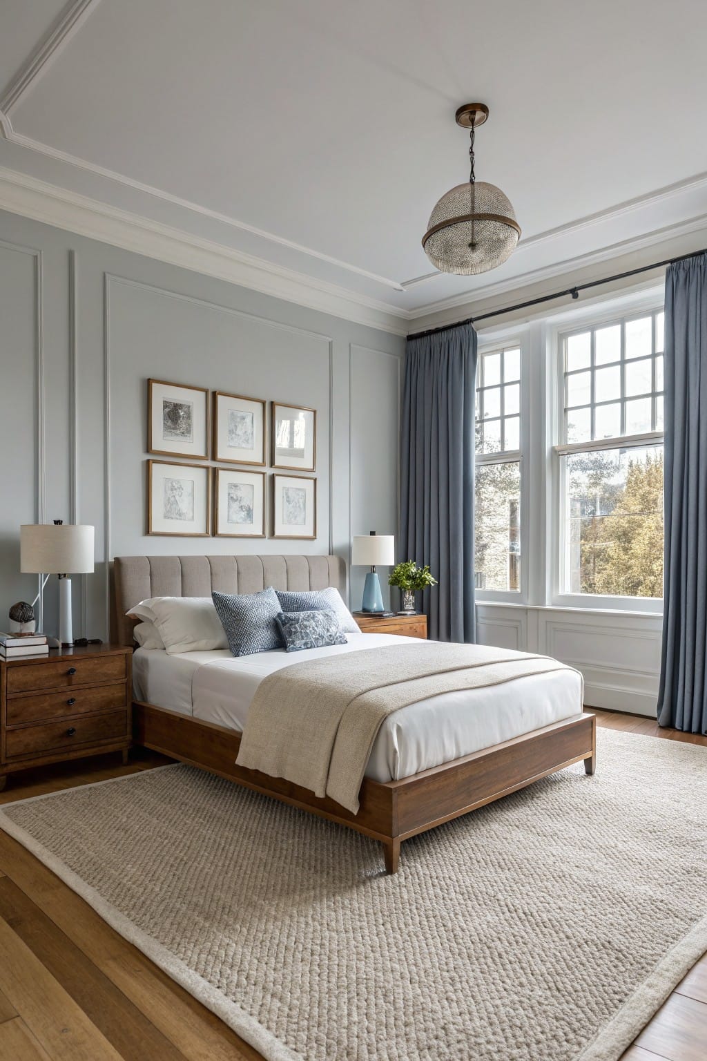Serene bedroom featuring light gray paneled walls, a wood bed frame with white bedding, blue accent pillows and curtains on large windows, flanked by wooden nightstands with lamps