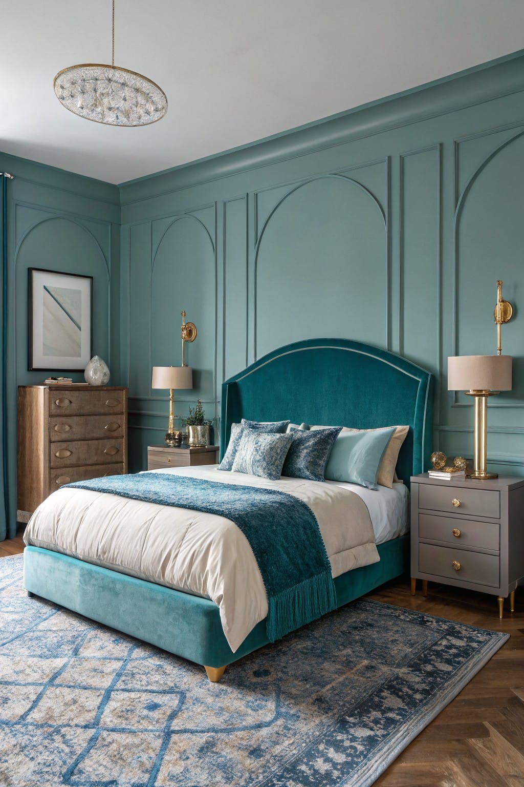 Cozy bedroom interior with soft muted teal paneled walls, emerald velvet upholstered bed, wooden dresser, brass lamps, and blue patterned rug on hardwood floors