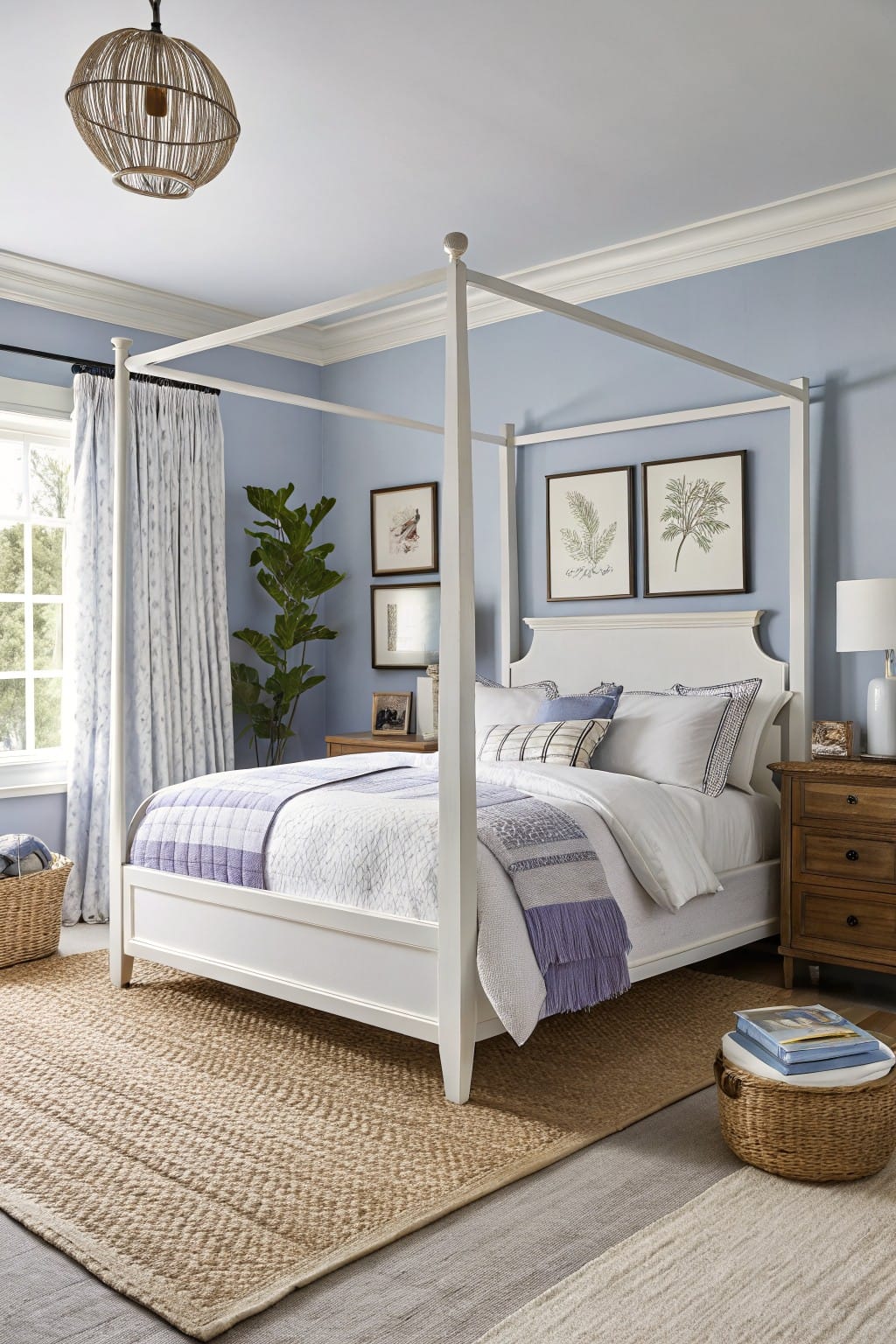 Bedroom with pale blue walls, white four-poster bed draped in purple quilts, wood nightstand, potted plant, and seagrass rug