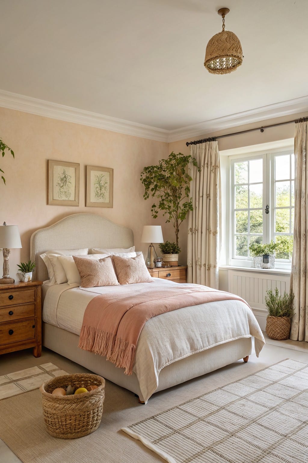 Cozy bedroom featuring pale blush pink walls, a cream upholstered bed with pink throw, wooden nightstands, potted plants, and a large window with sheer curtains overlooking greenery