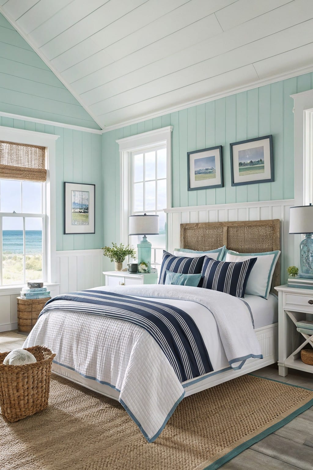 Cozy bedroom featuring pale seafoam green shiplap walls, a rattan headboard on a white bed with navy striped bedding, white nightstands, and large windows overlooking the ocean