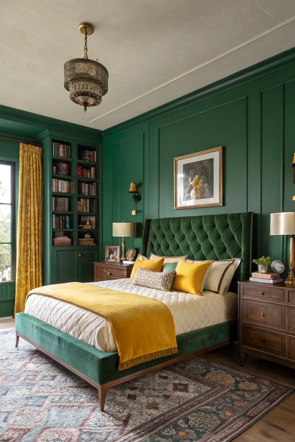 Bedroom featuring deep green paneled walls, matching green velvet bed with yellow throw blanket, built-in bookshelves, wooden nightstands, and brass lighting.