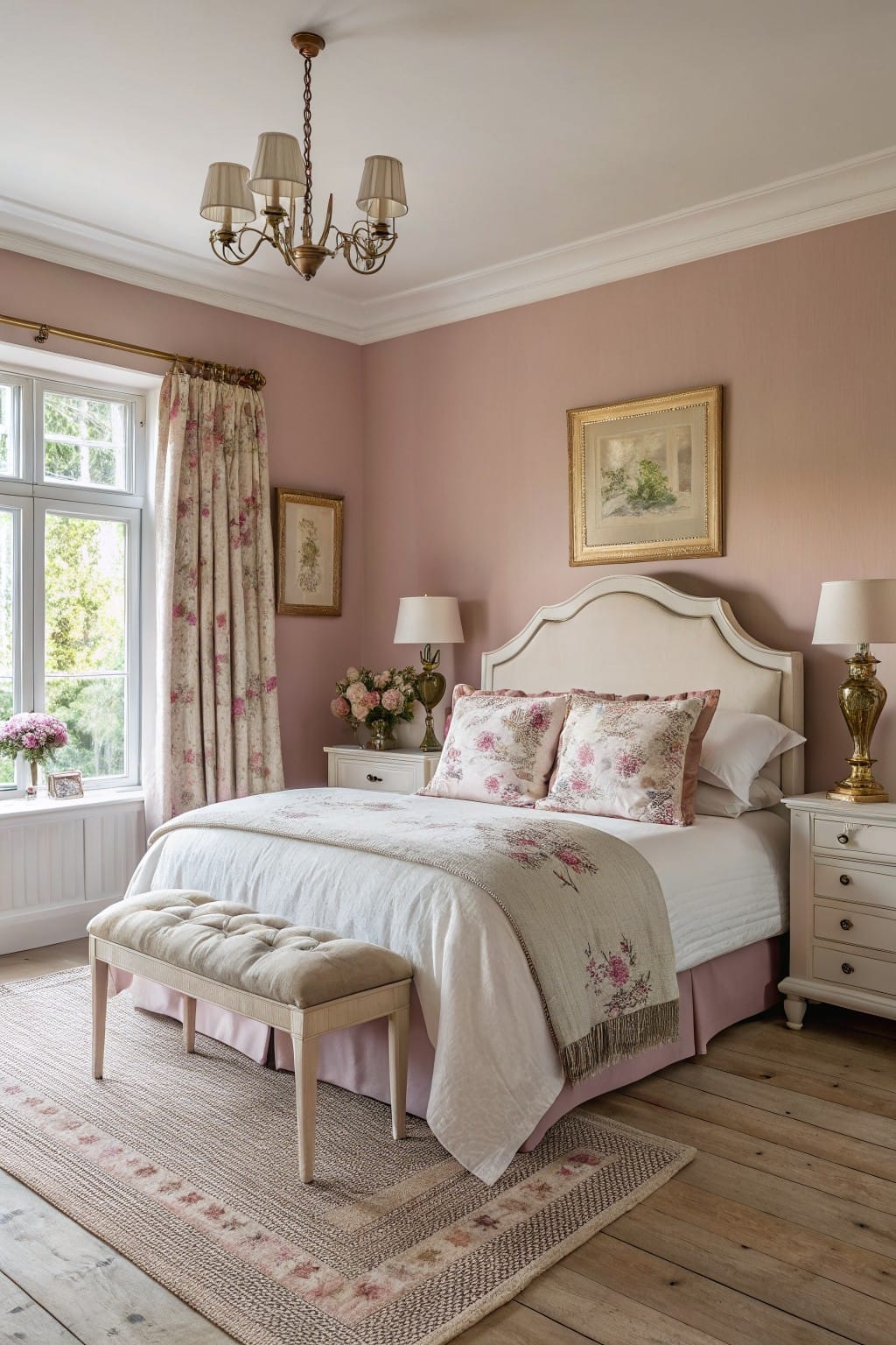 Cozy bedroom featuring soft blush pink walls, white tufted headboard bed with floral pillows and quilt, gold lamps, and window with floral curtains overlooking greenery