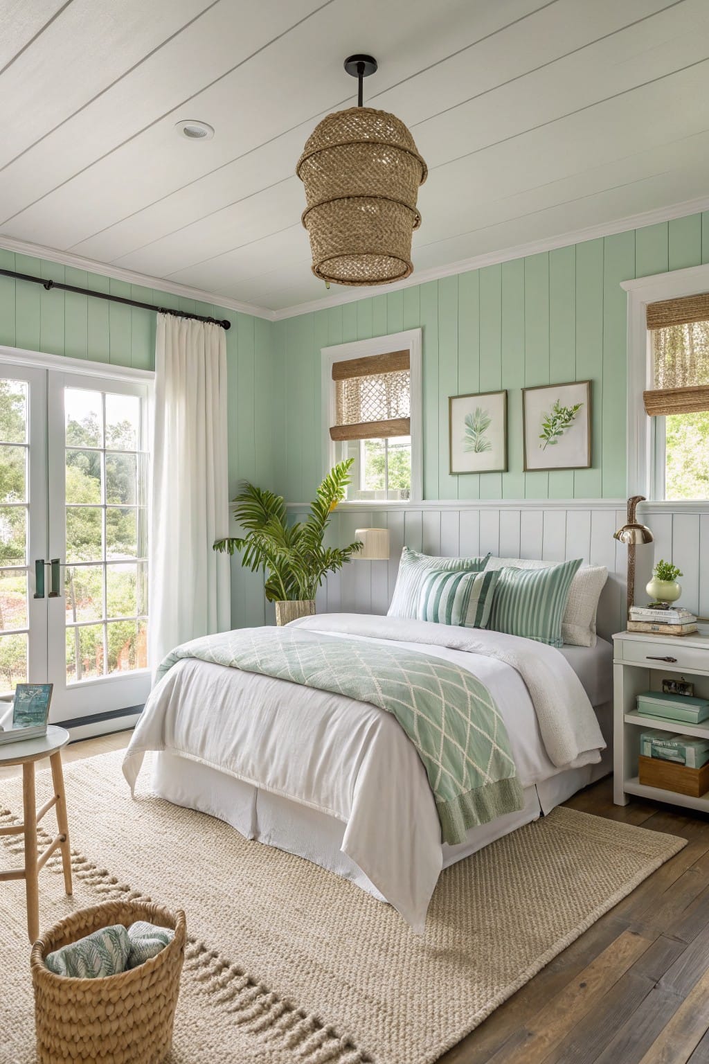 Bedroom featuring soft mint green shiplap walls, a king bed with white and green bedding, rattan accents, and large windows overlooking greenery