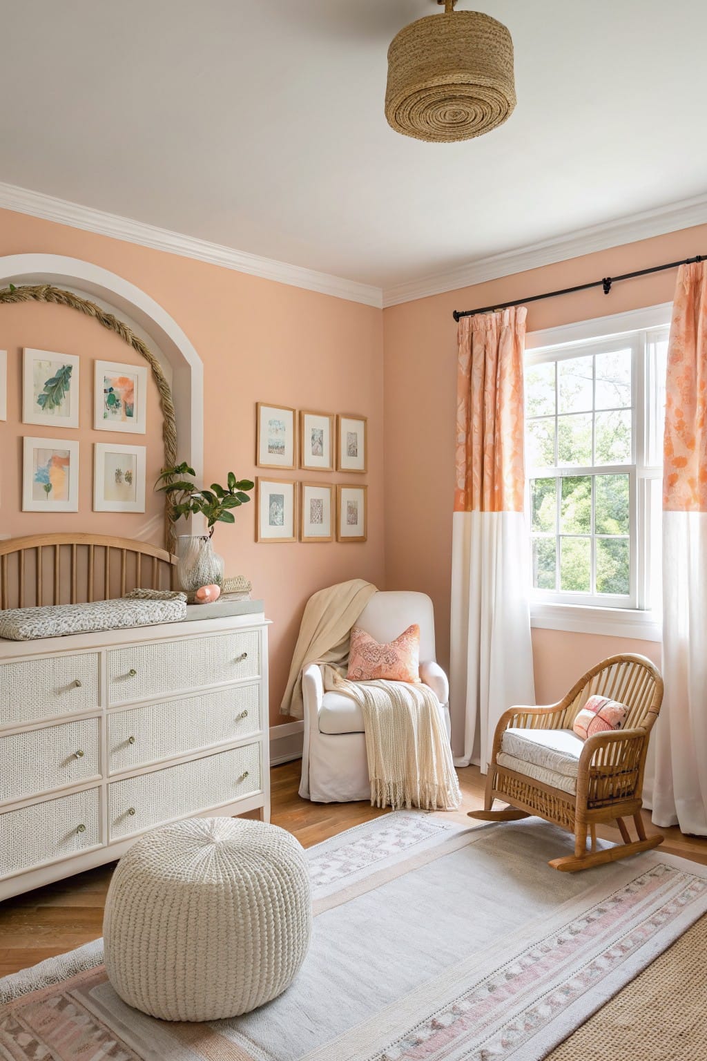 Nursery room with pale peach walls, white wicker dresser used as changing table, rattan rocking chair, and layered rugs in neutral tones