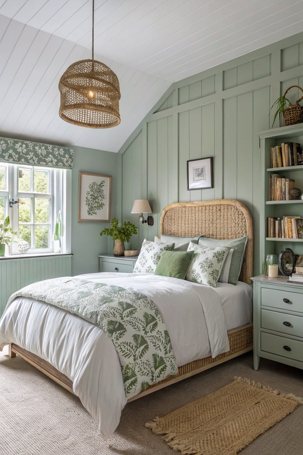 Cozy bedroom featuring soft sage green paneled walls, rattan bed with green and white bedding, bookshelves, and potted plants