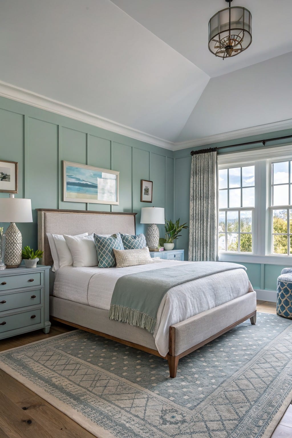 Bedroom with soft sage green board-and-batten walls, neutral bed with teal pillows and throw, matching nightstands, wood floors, and large curtained windows