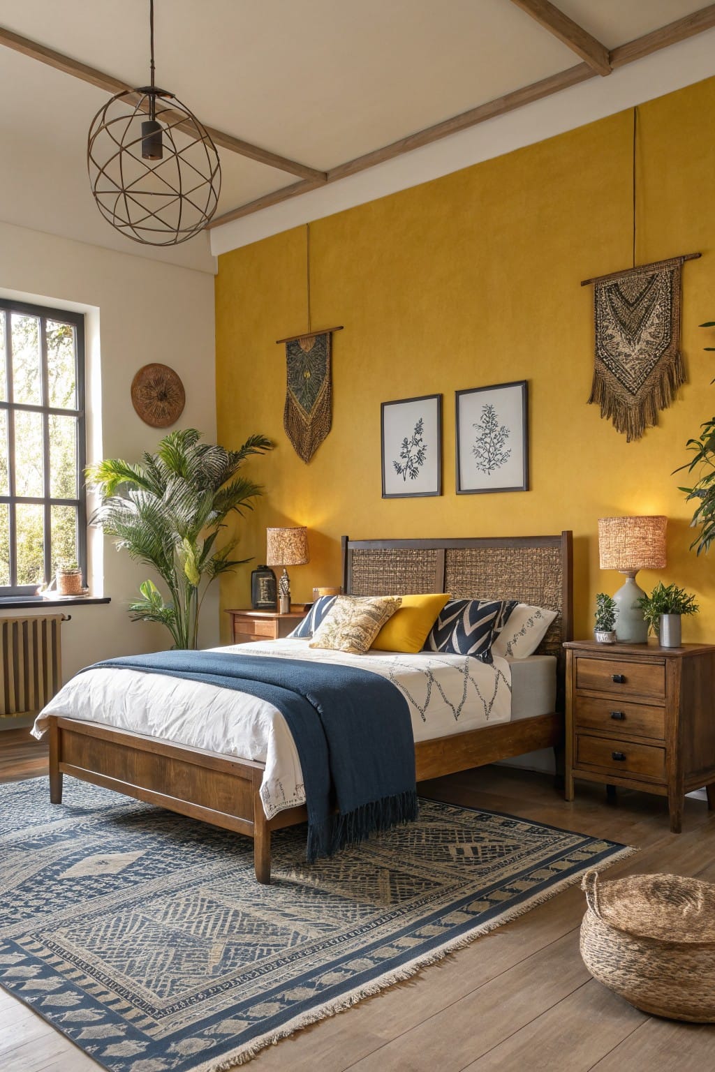Bedroom featuring a warm mustard yellow accent wall with rattan headboard, wooden bed frame, plants, and patterned blue rug on hardwood floors