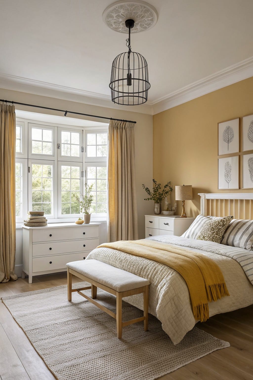 Cozy bedroom featuring warm pale yellow walls, white wooden furniture, a tufted bed with yellow throw, and a bay window draped in beige curtains