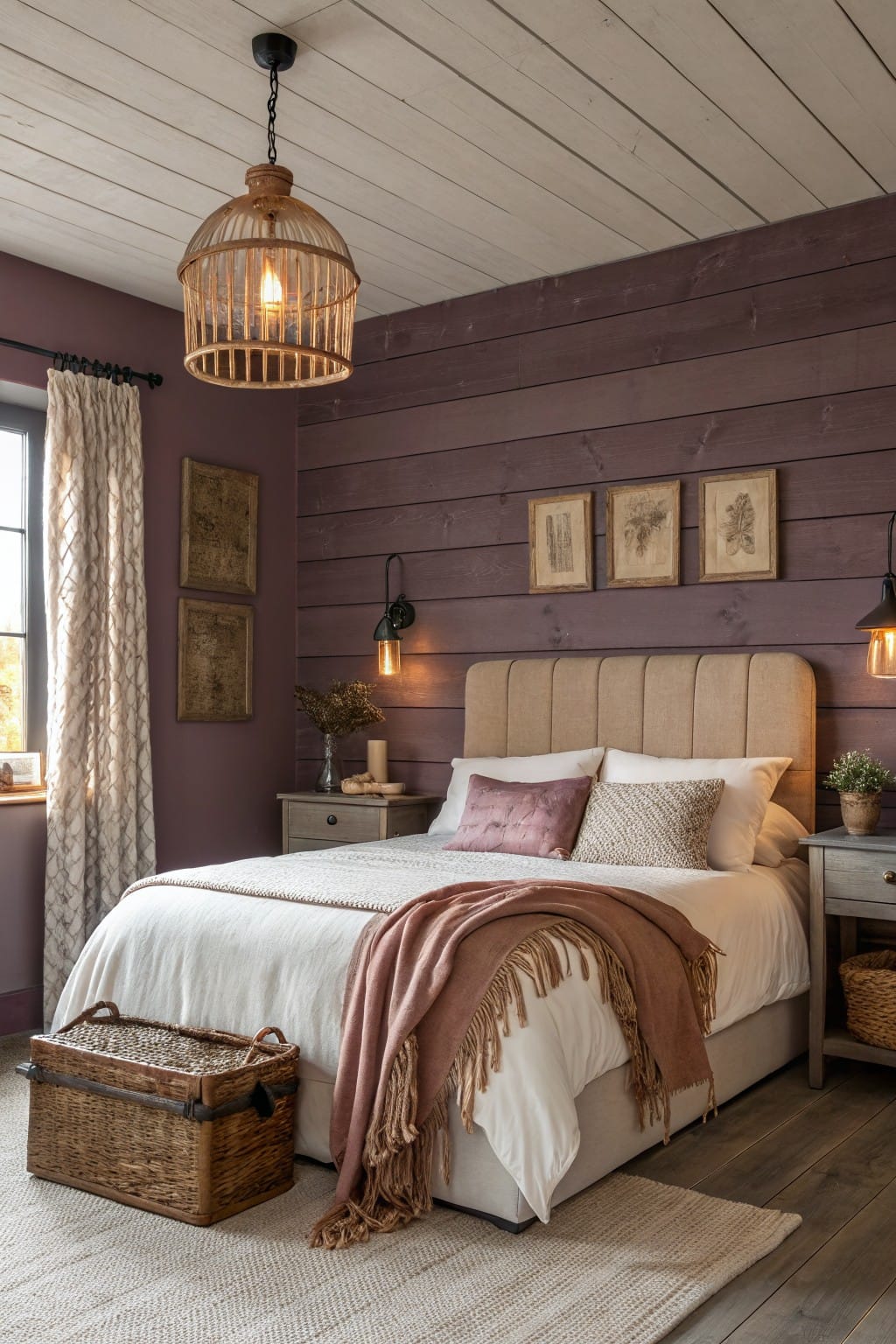 Cozy bedroom with deep warm purple shiplap walls, tufted beige upholstered bed, rattan pendant light, and woven basket storage