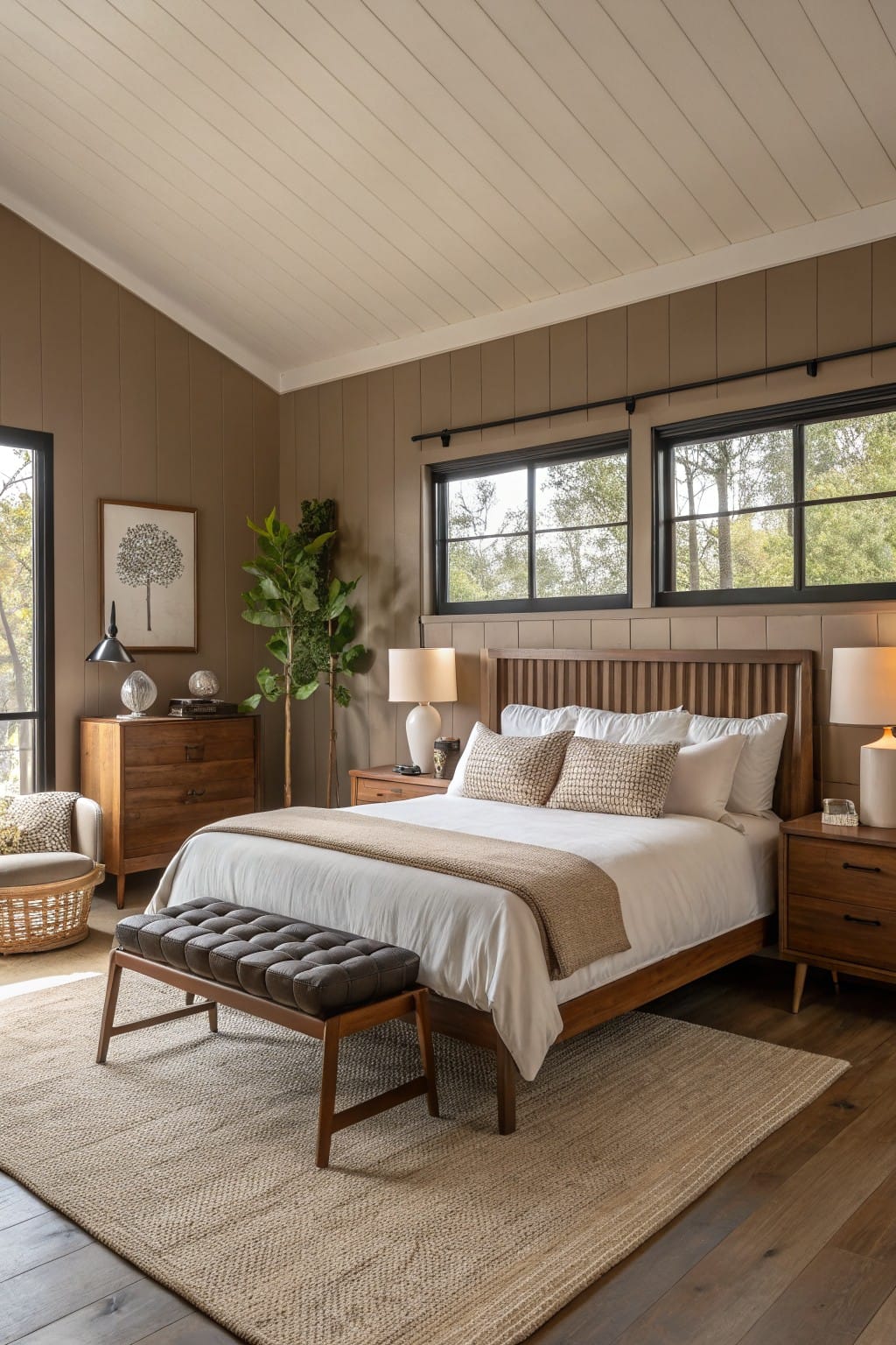 Bedroom featuring warm taupe shiplap walls, wooden bed frame, neutral bedding, and large black-framed windows overlooking trees