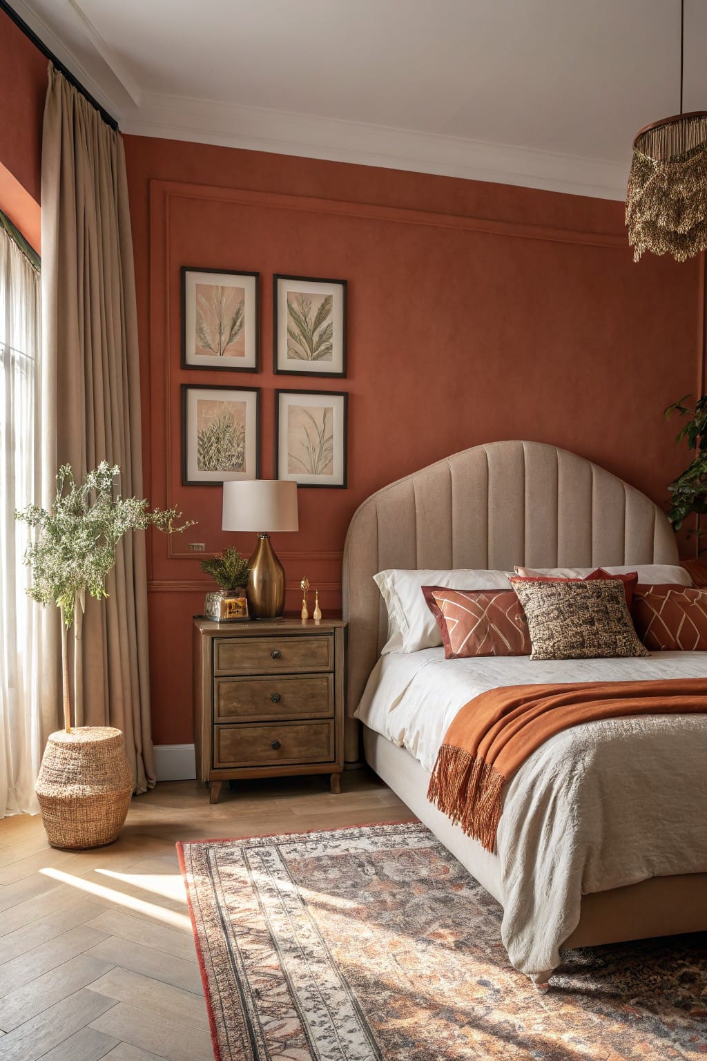Bedroom with warm terracotta walls, tufted beige headboard, wooden nightstand, layered pillows and throw, potted plants, and woven pendant light over herringbone wood floors