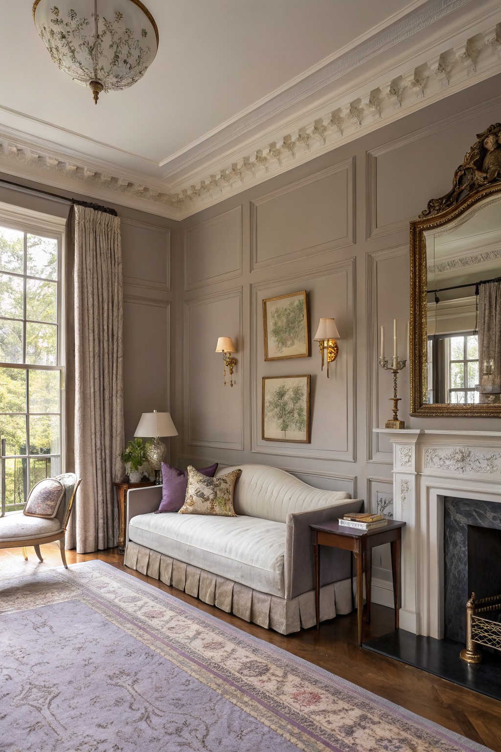 Living room with cool greige paneled walls, white chaise lounge, gilded mirror over marble fireplace, large window with sheer drapes, and antique accents