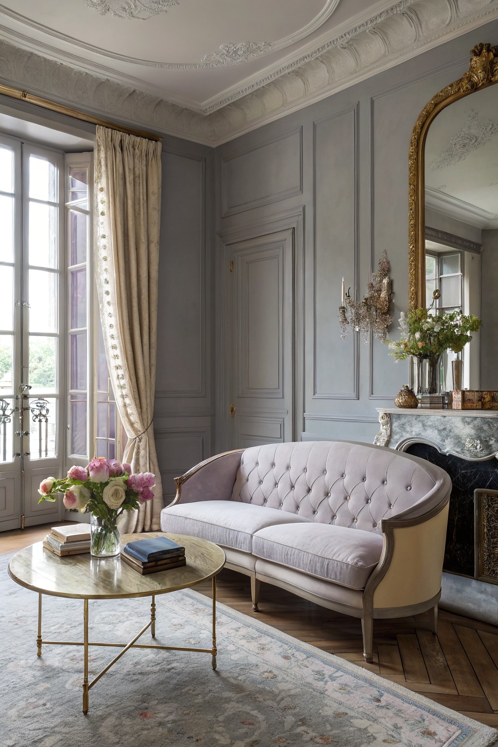 Elegant living room with light cool gray paneled walls, curved gray sofa, gold accents, and soft daylight from French doors