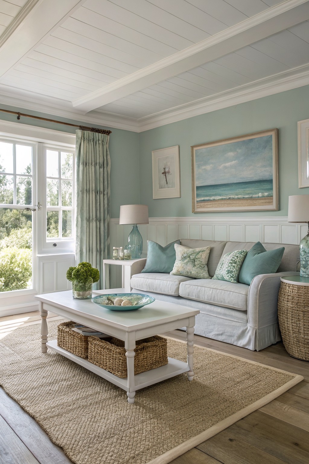 Living room with soft pale blue-green walls, white slipcovered sofa, coastal artwork, and seagrass rug on wood floors