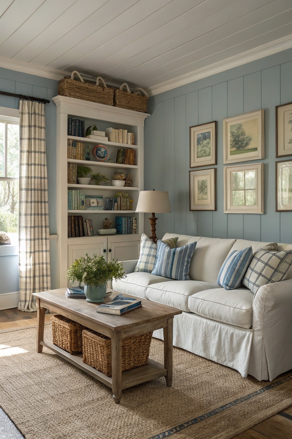 Living room with pale blue shiplap walls, white sofa accented by blue plaid pillows, tall white bookshelves filled with books and plants, wooden coffee table, and framed artwork.