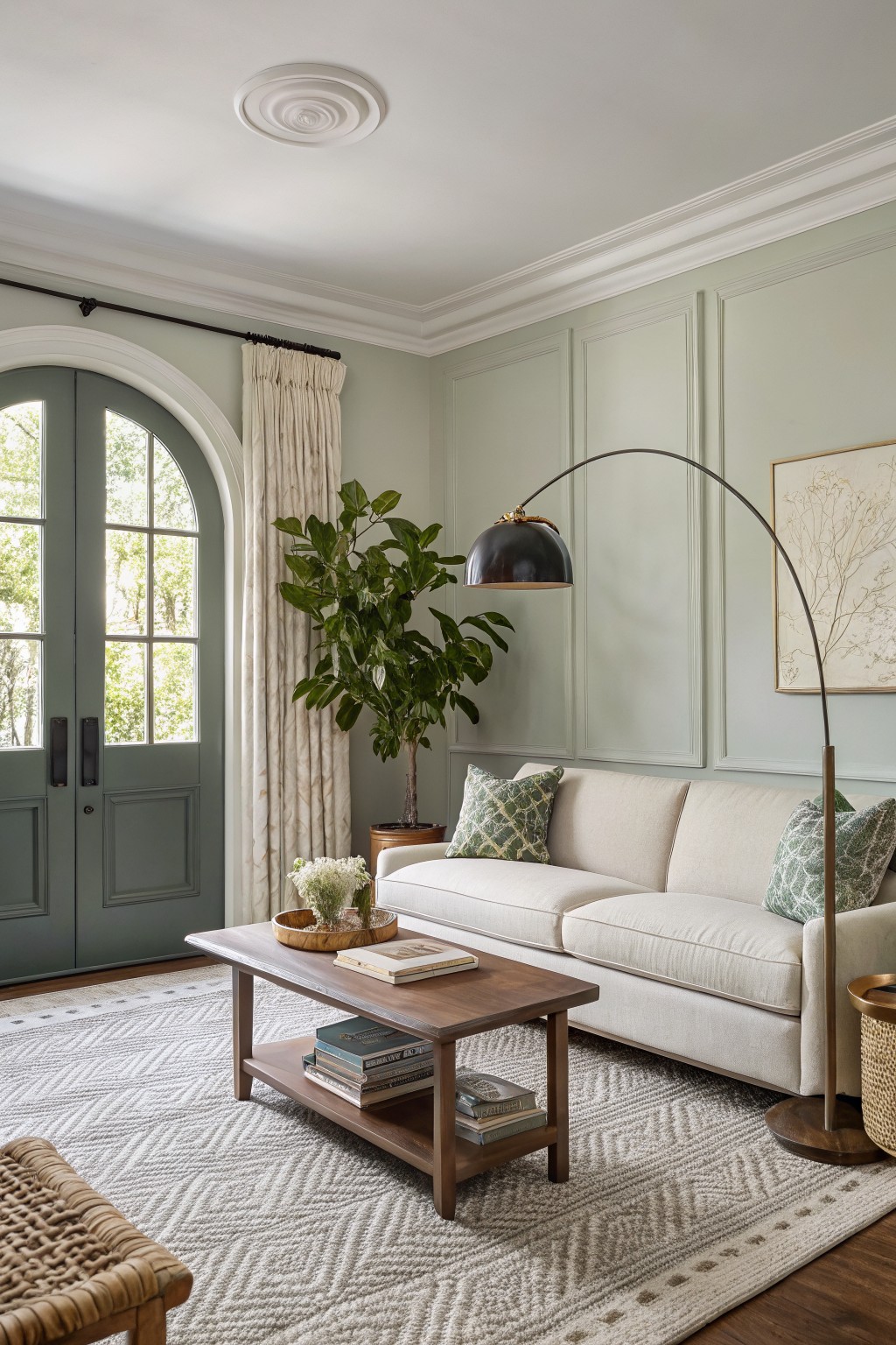 Living room corner with pale sage green double doors, cream walls with trellis detail, white sofa, wood coffee table, and potted ficus plant