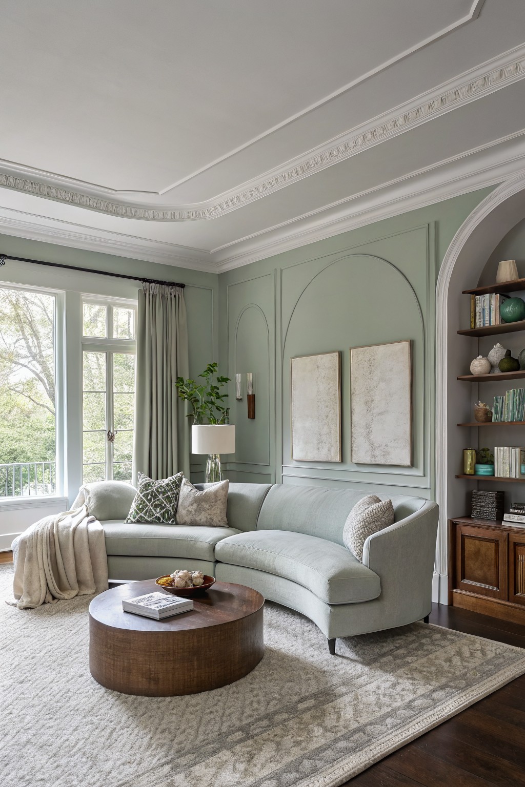 Living room with pale sage green walls, curved sofa, wood coffee table, and built-in shelves