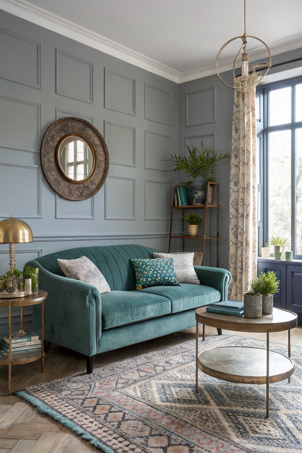 Living room with soft blue-gray paneled walls, teal velvet tufted sofa, brass-accented furniture, potted plants, and a large window with sheer curtains