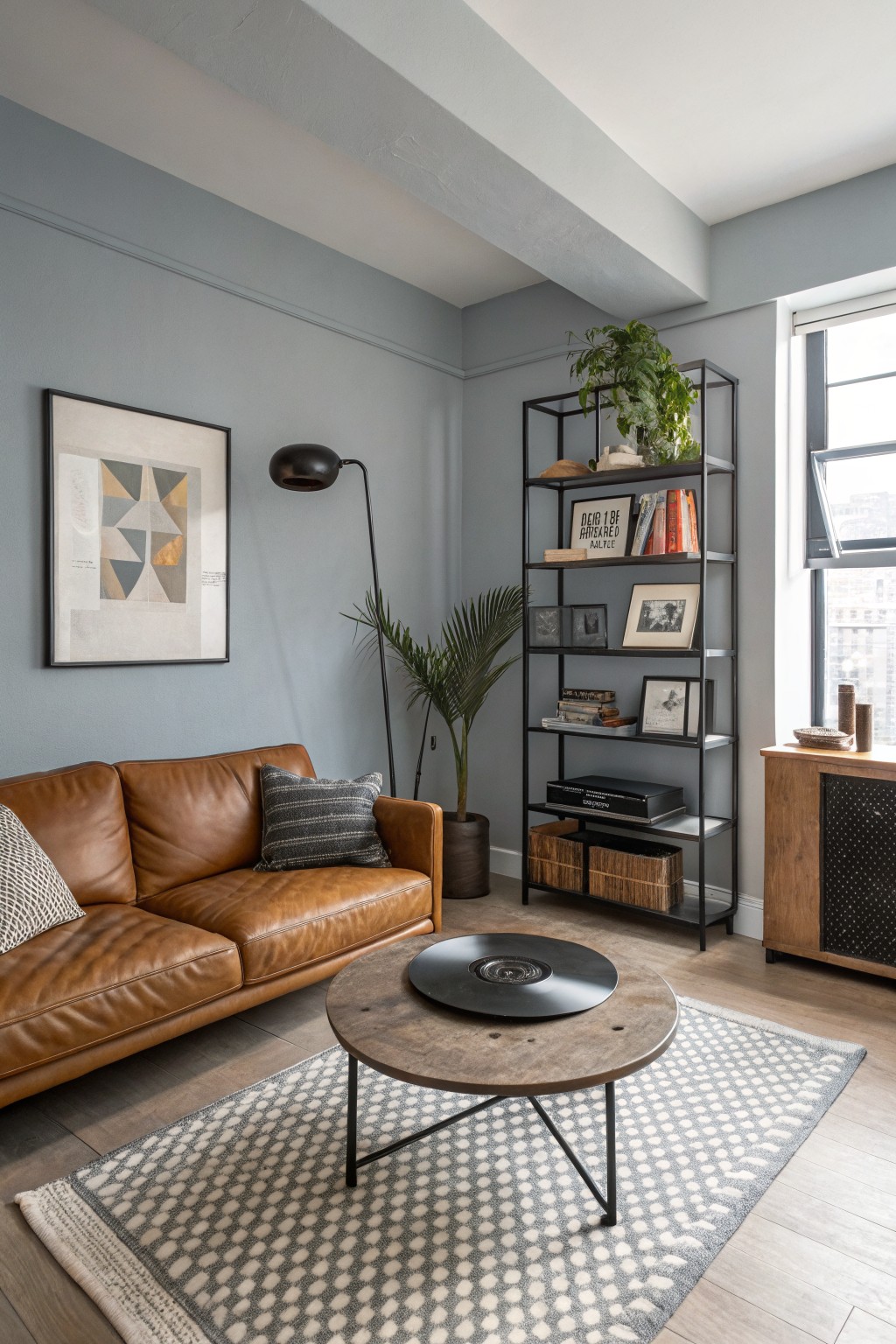 Living room featuring soft blue-gray walls, tan leather sofa, black metal bookshelf with plants and books, wood coffee table, and potted palm