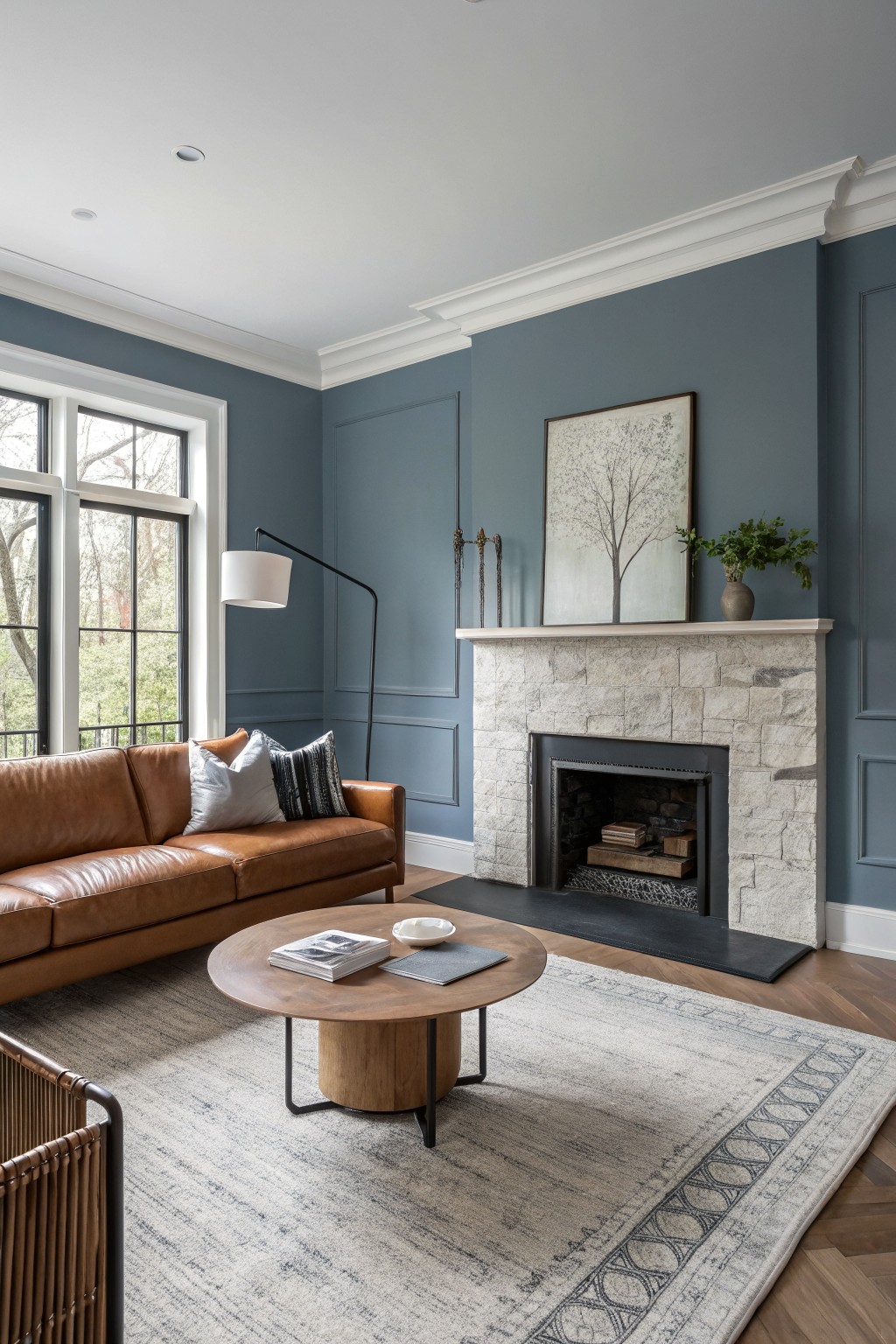 Living room with soft blue-gray walls, tan leather sofa facing a stone fireplace, round wood coffee table on a gray rug, and large windows overlooking trees.