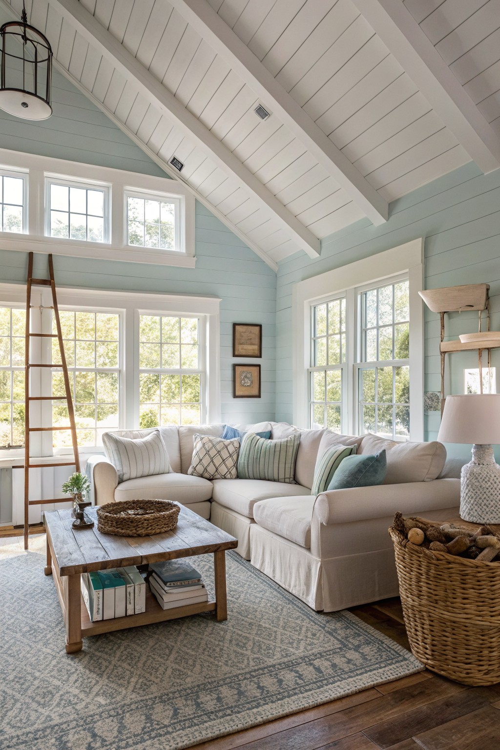 Cozy living room with pale blue-green walls, white shiplap ceiling, large windows, and neutral seating area