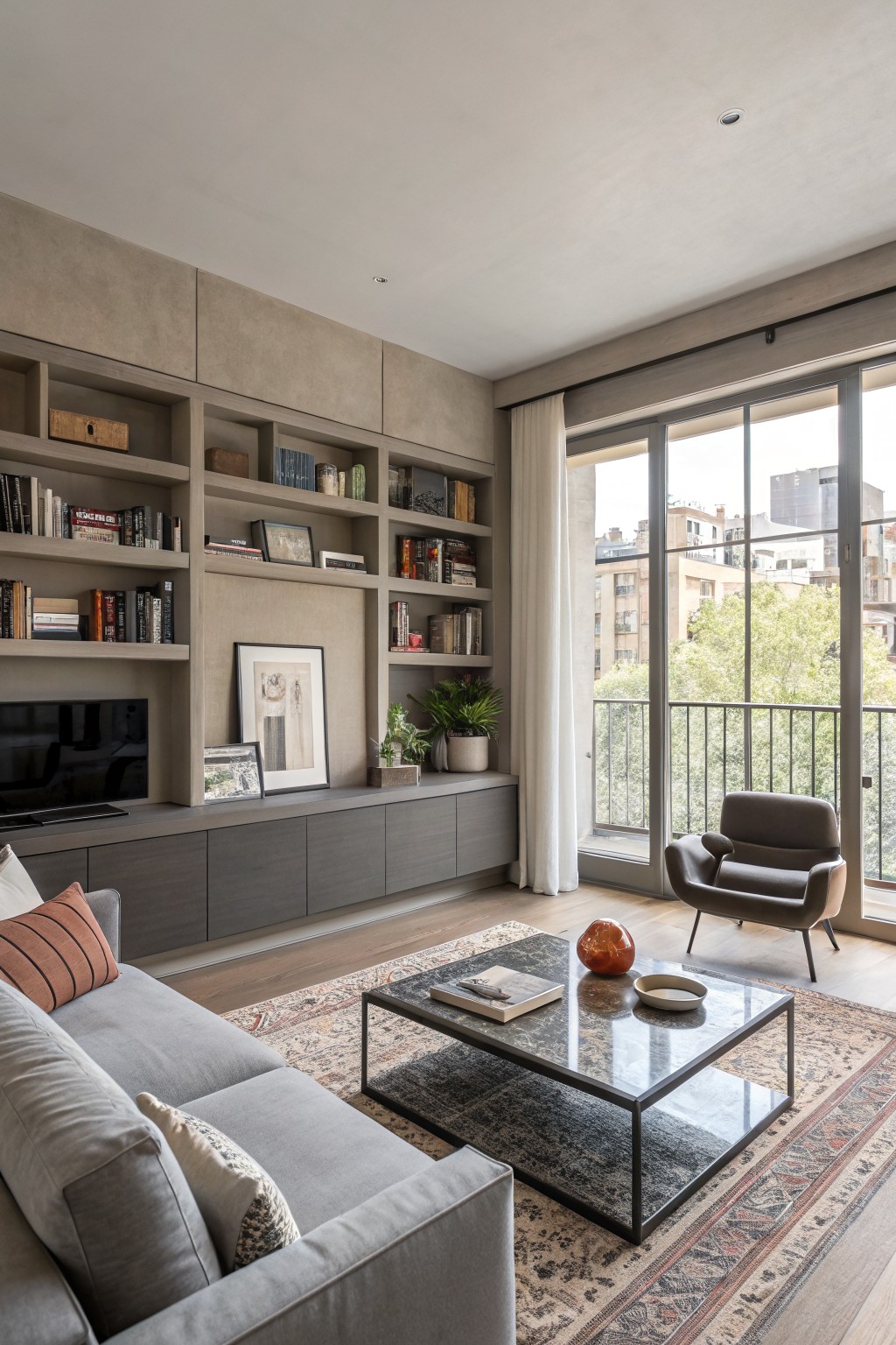 Modern living room featuring soft greige walls, built-in bookshelves, gray sofa, glass coffee table, and large windows with city view