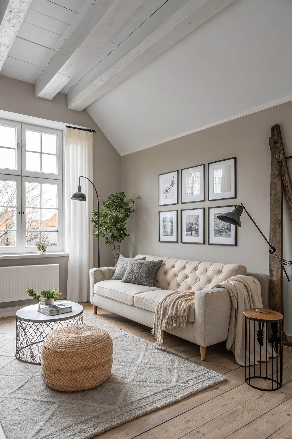 Cozy living room featuring soft greige walls, a tufted beige sofa, wood beam ceiling, and neutral furnishings with plants