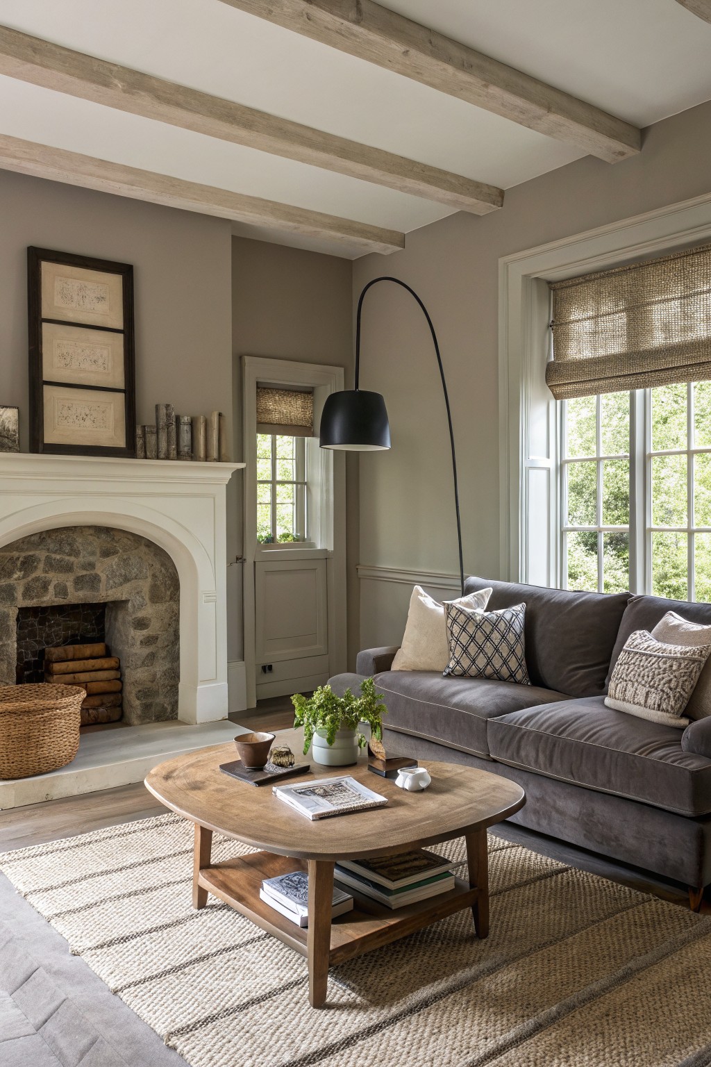 Cozy living room with soft greige walls, exposed wood beams, stone fireplace, gray sofa, wood coffee table, and large windows with natural light