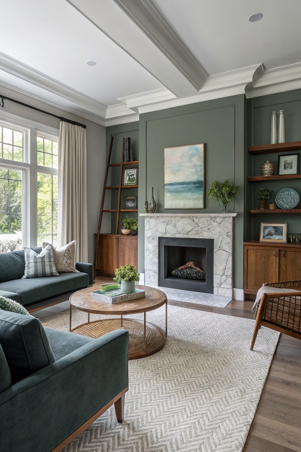 Cozy living room featuring soft sage green accent wall with marble fireplace, leaning wood shelves, green velvet sofa, wood coffee table, and beige zigzag rug on hardwood floors