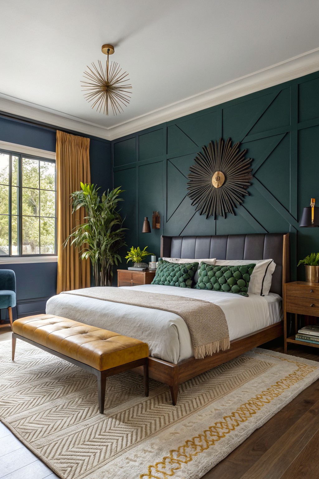 Bedroom interior with dark green shiplap accent wall featuring a large gold mirror, wooden platform bed with green pillows and throw, yellow bench, plants, and brass lighting against hardwood floors