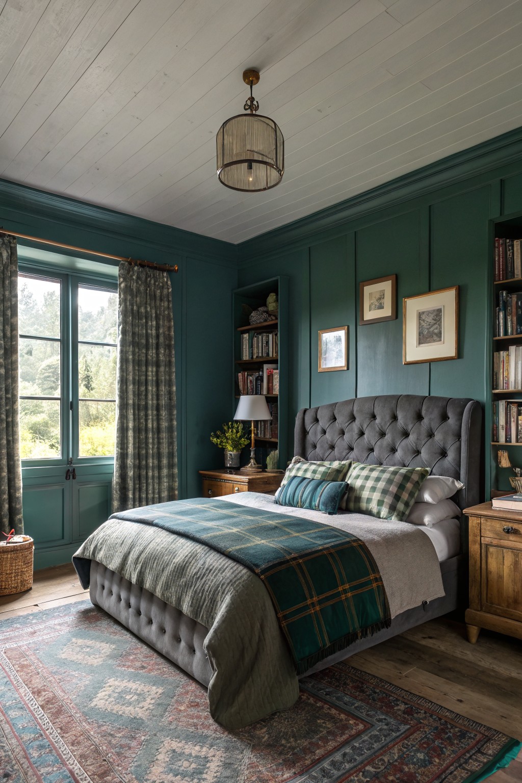 Bedroom featuring deep green paneled walls, gray tufted bed with plaid blankets, wooden nightstand, bookshelves, and French doors to garden view