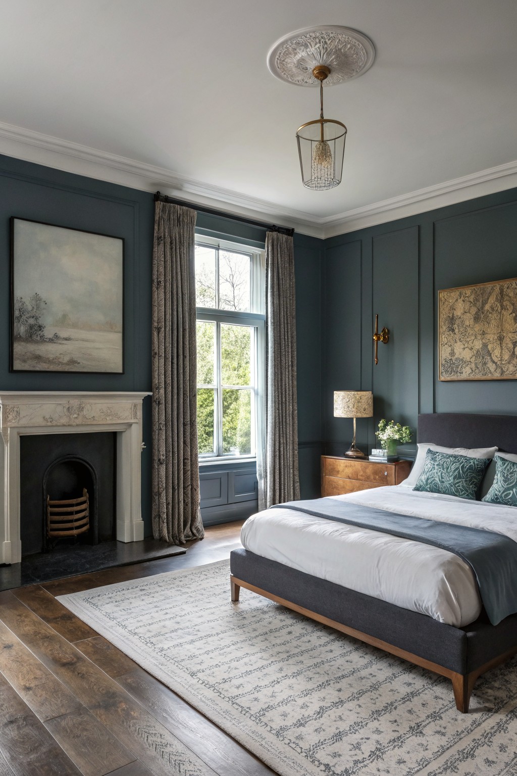 Bedroom interior with deep teal paneled walls, upholstered bed, marble fireplace, wooden floors, and large curtained windows