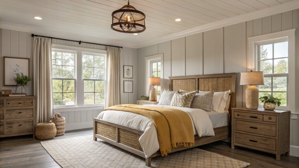 Cozy bedroom with warm greige walls, rattan bed frame draped in yellow throw, wood nightstands, potted plants, and large window overlooking greenery