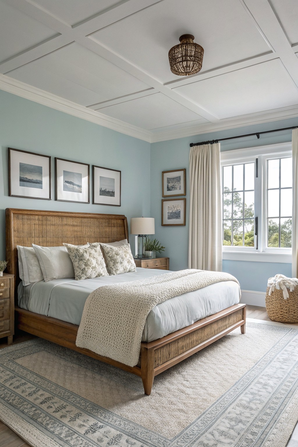 Cozy bedroom with pale blue walls, rattan bed frame, white bedding, and window overlooking trees