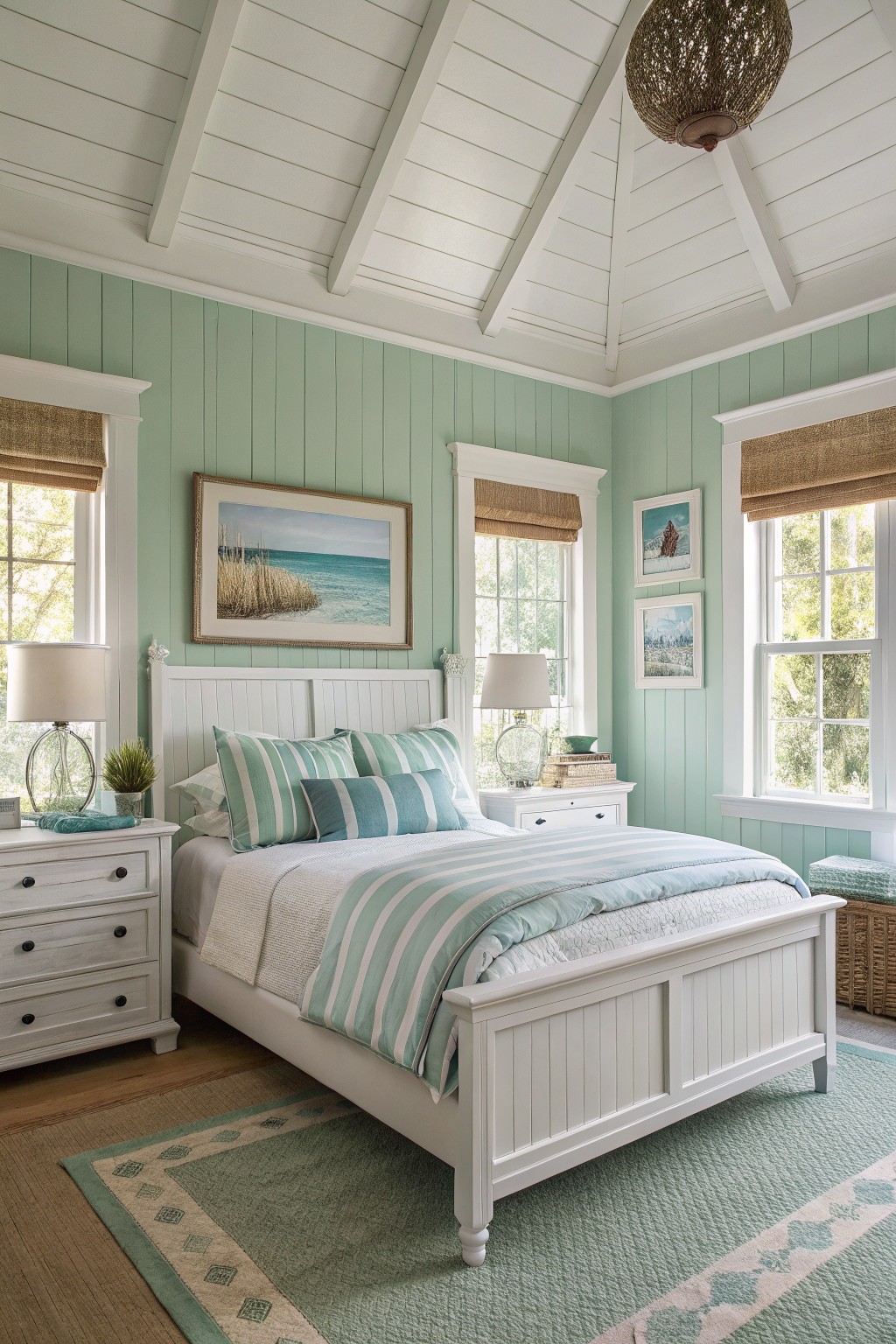Bedroom with pale mint green paneled walls, white wood bed frame, striped bedding, beach artwork, and bamboo shades on windows