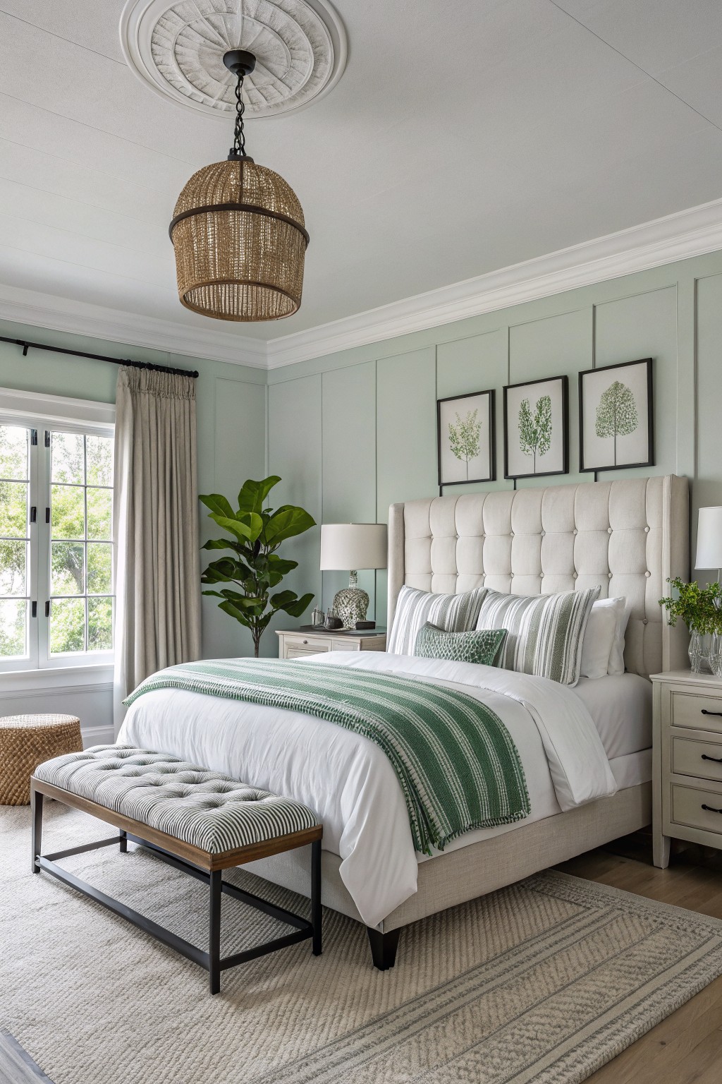 Bedroom featuring pale sage green board-and-batten walls, tufted beige headboard, white bedding with green throw, rattan pendant light, and potted fiddle leaf fig