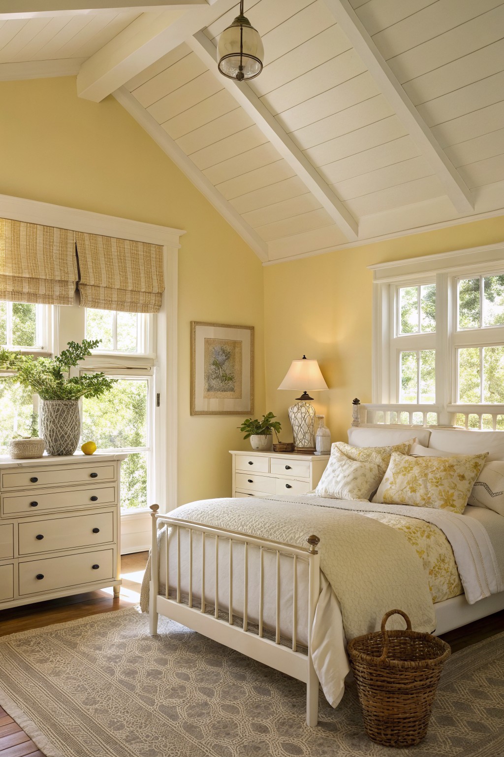 Bedroom with pale yellow walls, white shiplap ceiling and trim, two dressers, iron bed with white and yellow bedding, large windows with roman shades, and hardwood floors under a patterned rug