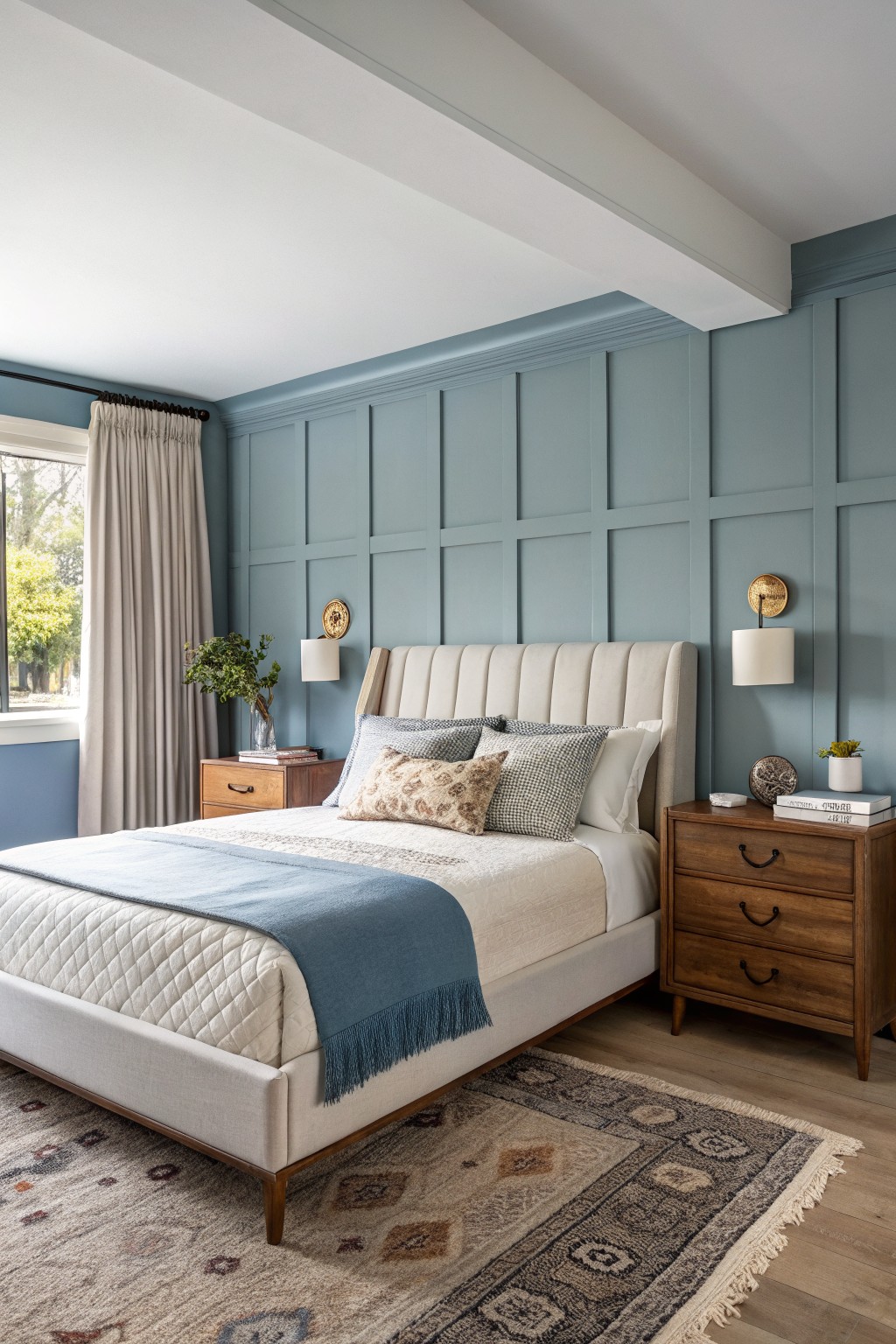 Cozy bedroom featuring soft blue paneled accent wall behind a white upholstered bed, flanked by wooden nightstands and gold wall sconces