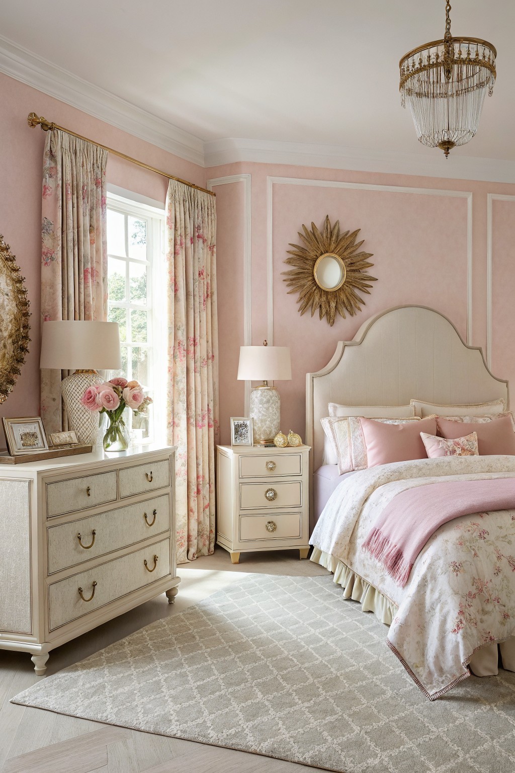 Bedroom interior with soft blush pink walls, cream dresser and bed, gold accents, floral bedding, and large window with pink floral curtains