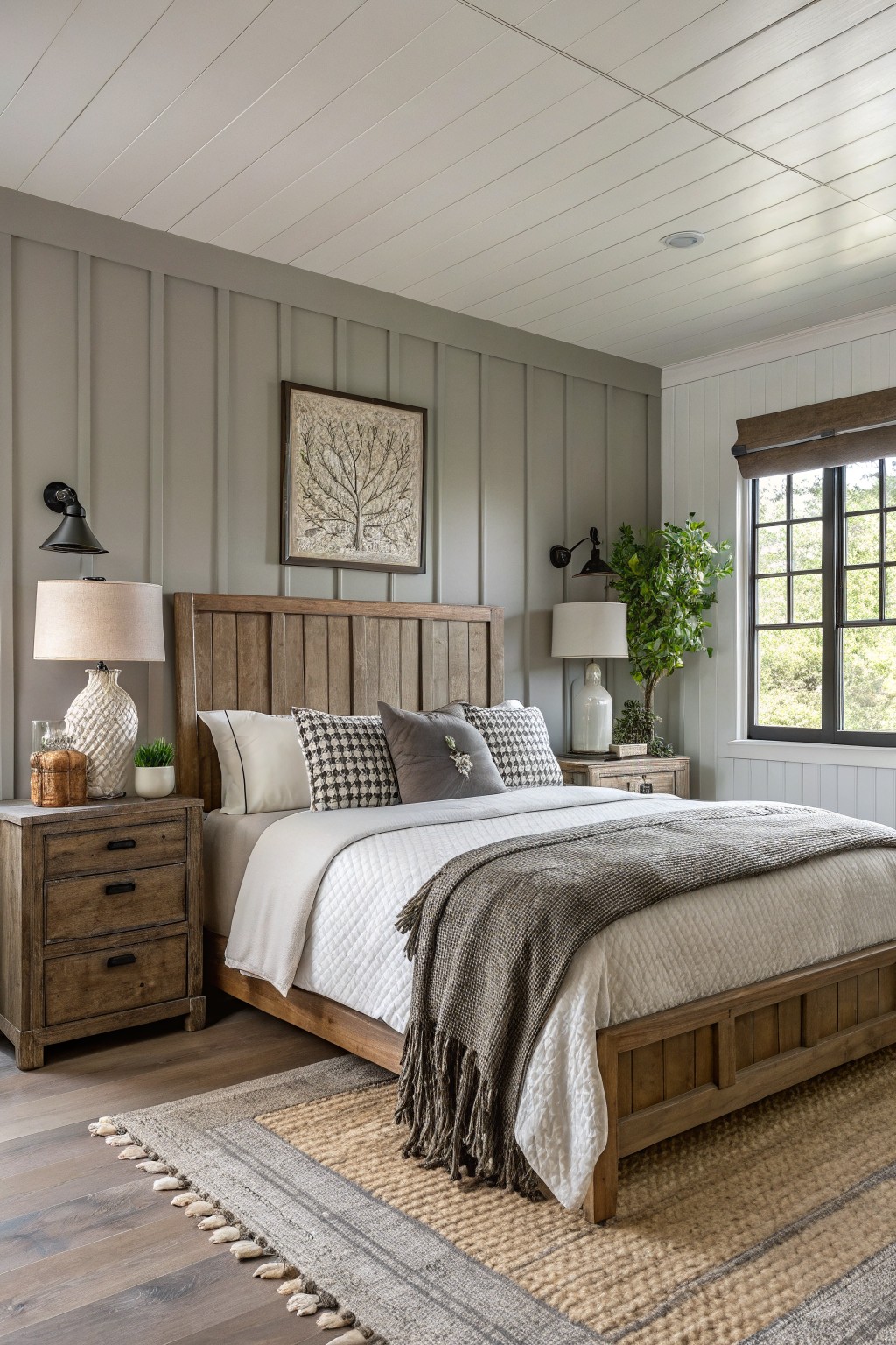 Cozy bedroom featuring soft gray-green board-and-batten accent wall, rustic wood bed with white linens and gray throw, flanked by matching nightstands with lamps, potted plants, and a large window with black frame