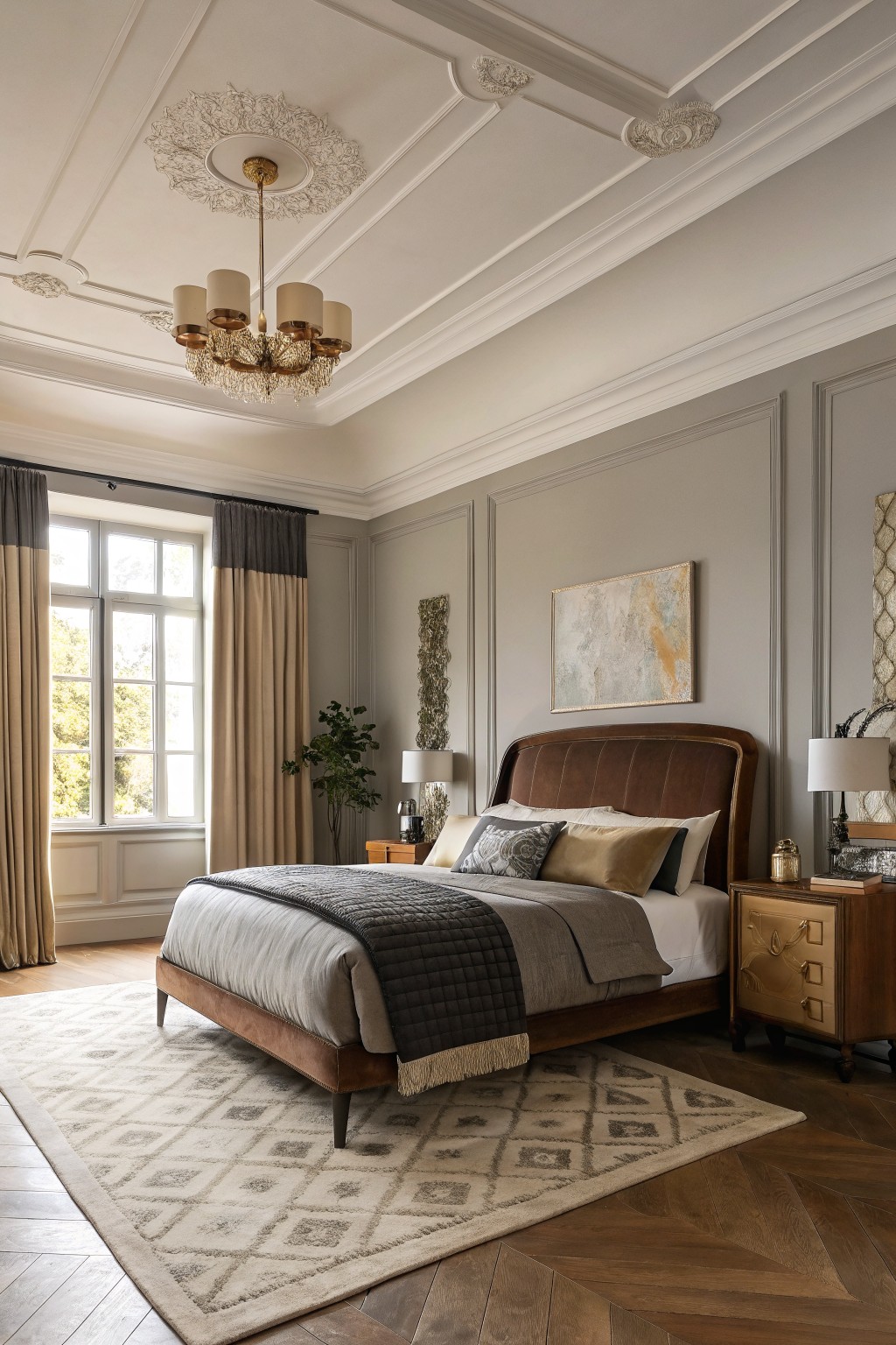 Bedroom interior with pale greige paneled walls, tufted brown leather bed, layered bedding, and herringbone wood floors