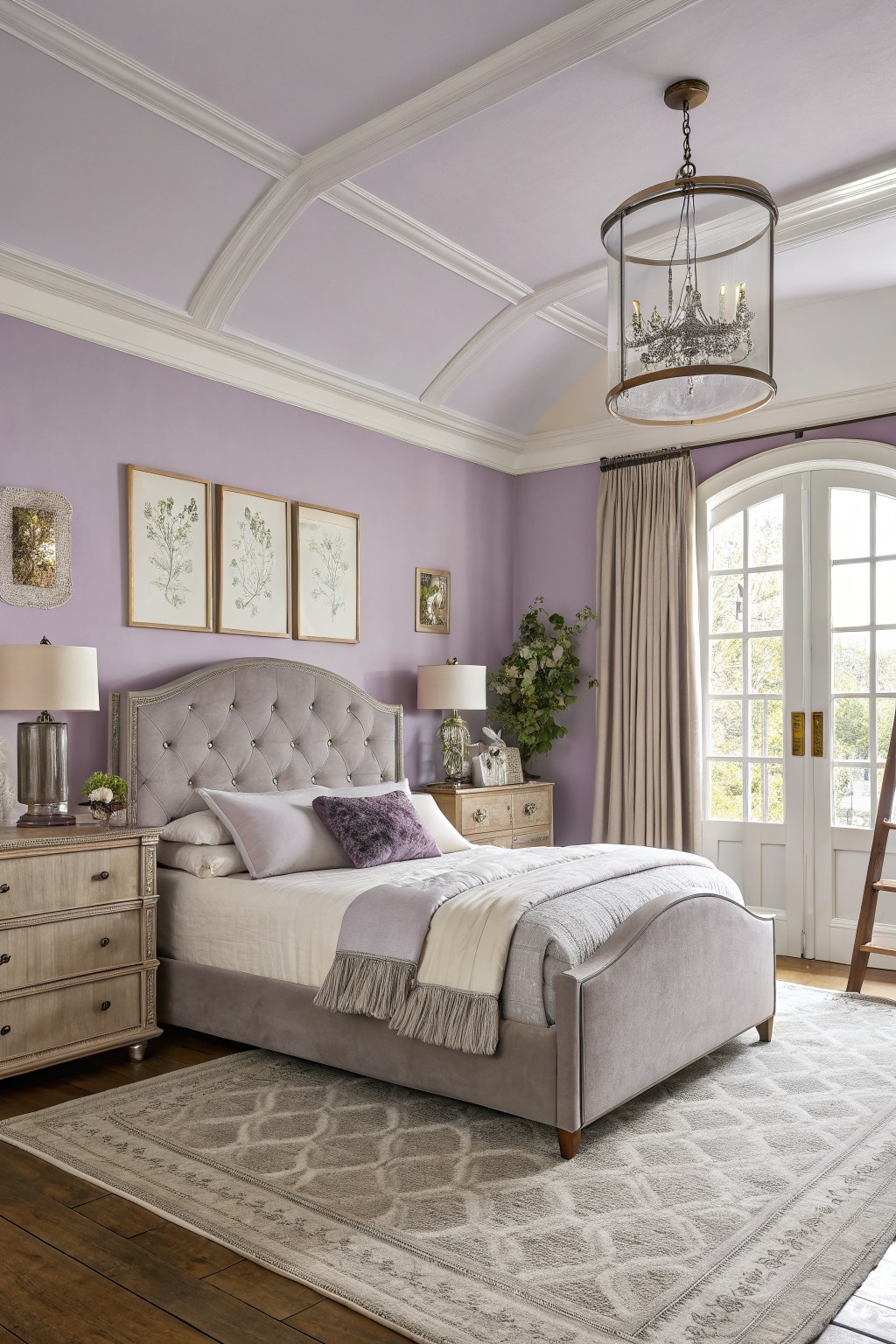 Bedroom interior with pale lavender walls, gray upholstered bed, wooden furniture, botanical artwork, and arched French doors draped in neutral curtains