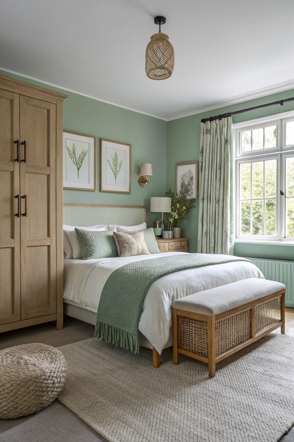 Cozy bedroom featuring pale sage green walls with a tall oak wardrobe, white bed layered in green textiles, wood nightstand, and window with botanical curtains