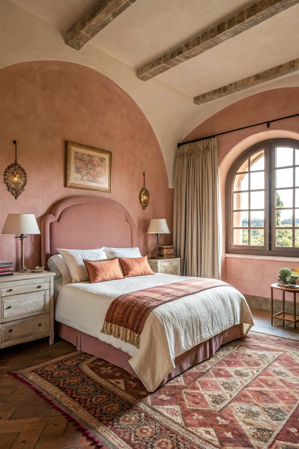 Bedroom with soft terracotta walls, curved plaster ceiling, wood beams, pink upholstered bed, and arched window draped in beige curtains