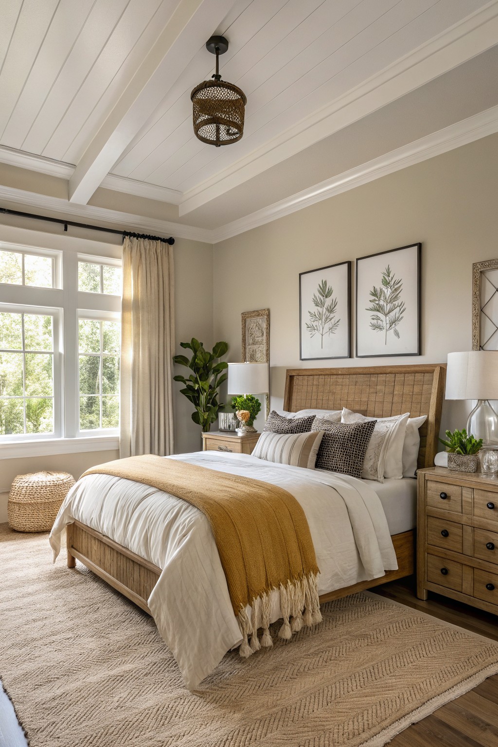 Cozy bedroom with warm greige walls, rattan bed frame draped in yellow throw, wood nightstands, potted plants, and large window overlooking greenery