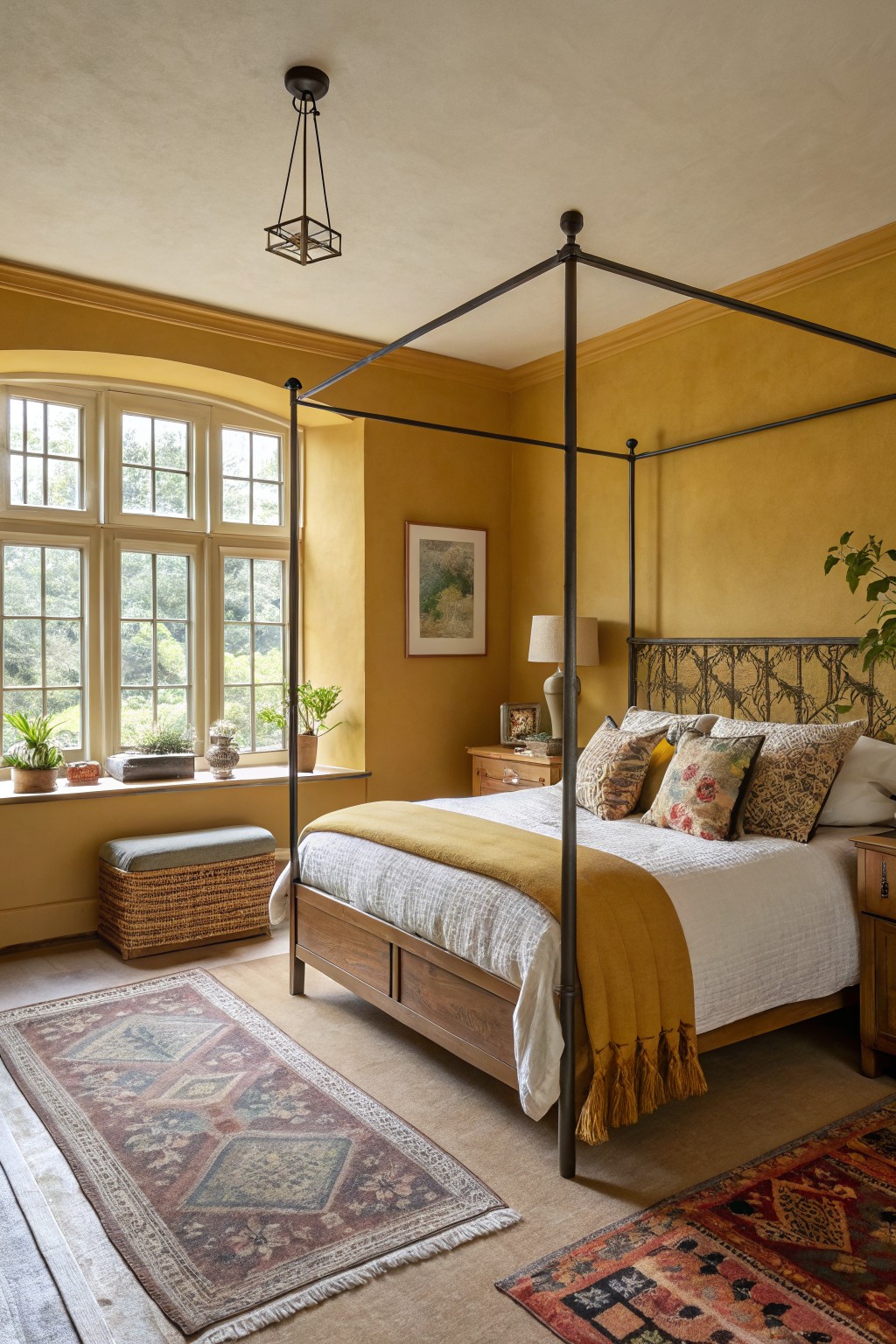 Bedroom featuring warm ochre yellow walls, black metal four-poster bed with yellow throw, plants on deep windowsill, and layered patterned rugs on wood floor