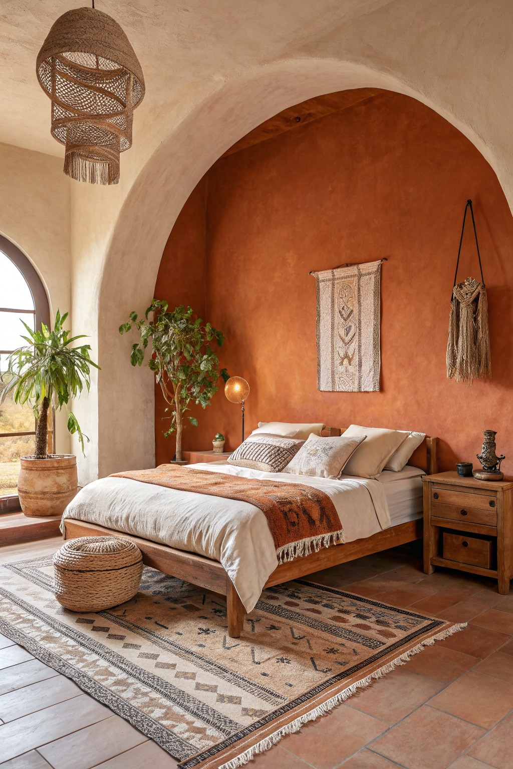 Cozy bedroom featuring a burnt orange terracotta accent wall with arched niche, wooden bed, woven textiles, potted plants, and terracotta tile floors