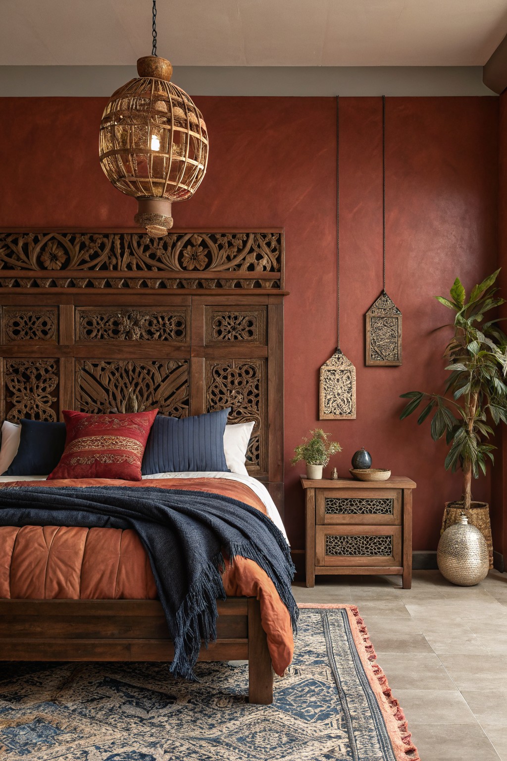 Bedroom with warm terracotta walls, ornate carved wood headboard, rust and navy bedding, rattan pendant light, and wood side table